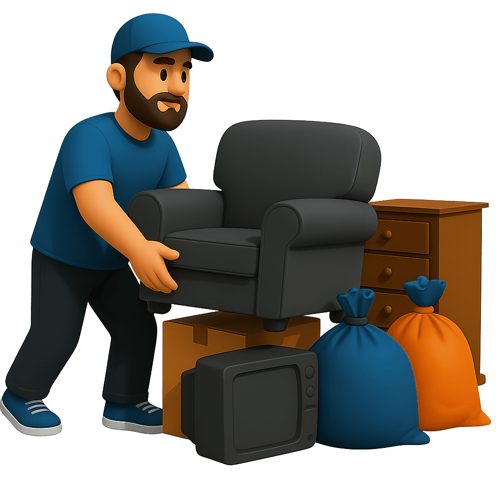 A junk removal worker in a blue uniform carries a gray armchair, surrounded by a dresser, an old TV, and colorful junk bags—symbolizing household junk removal in Fort Myers, FL.
