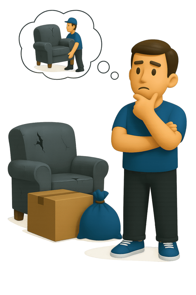 A thoughtful man standing beside old furniture items, including a worn-out chair and boxes, imagining junk removal services for clearing outdated furniture.