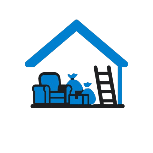 Blue and black attic cleanout icon with furniture, boxes, and bags under a roof with a ladder.