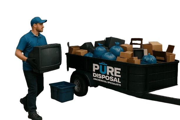 Crew handling a garage cleanout in Fort Myers, FL with junk, boxes, and household clutter being cleared from a home garage.