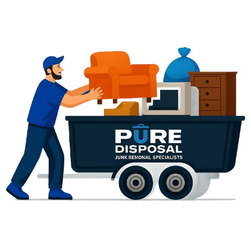 Junk removal worker loading an orange armchair into a Pure Disposal trailer filled with furniture, boxes, and bags.