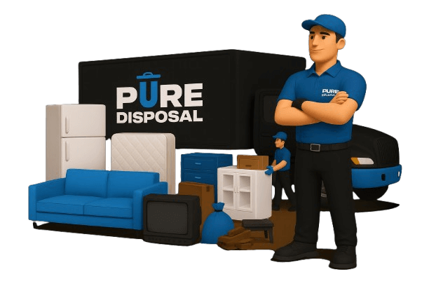 Pure Disposal truck with worker and household junk items ready for removal.