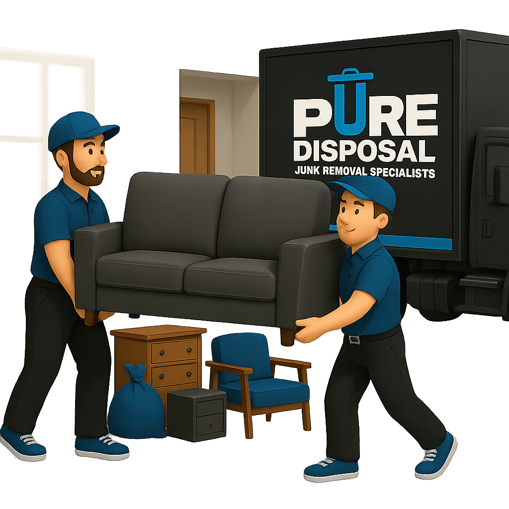 Two junk removal workers carrying a sofa into a black and blue Pure Disposal truck during a furniture removal service.
