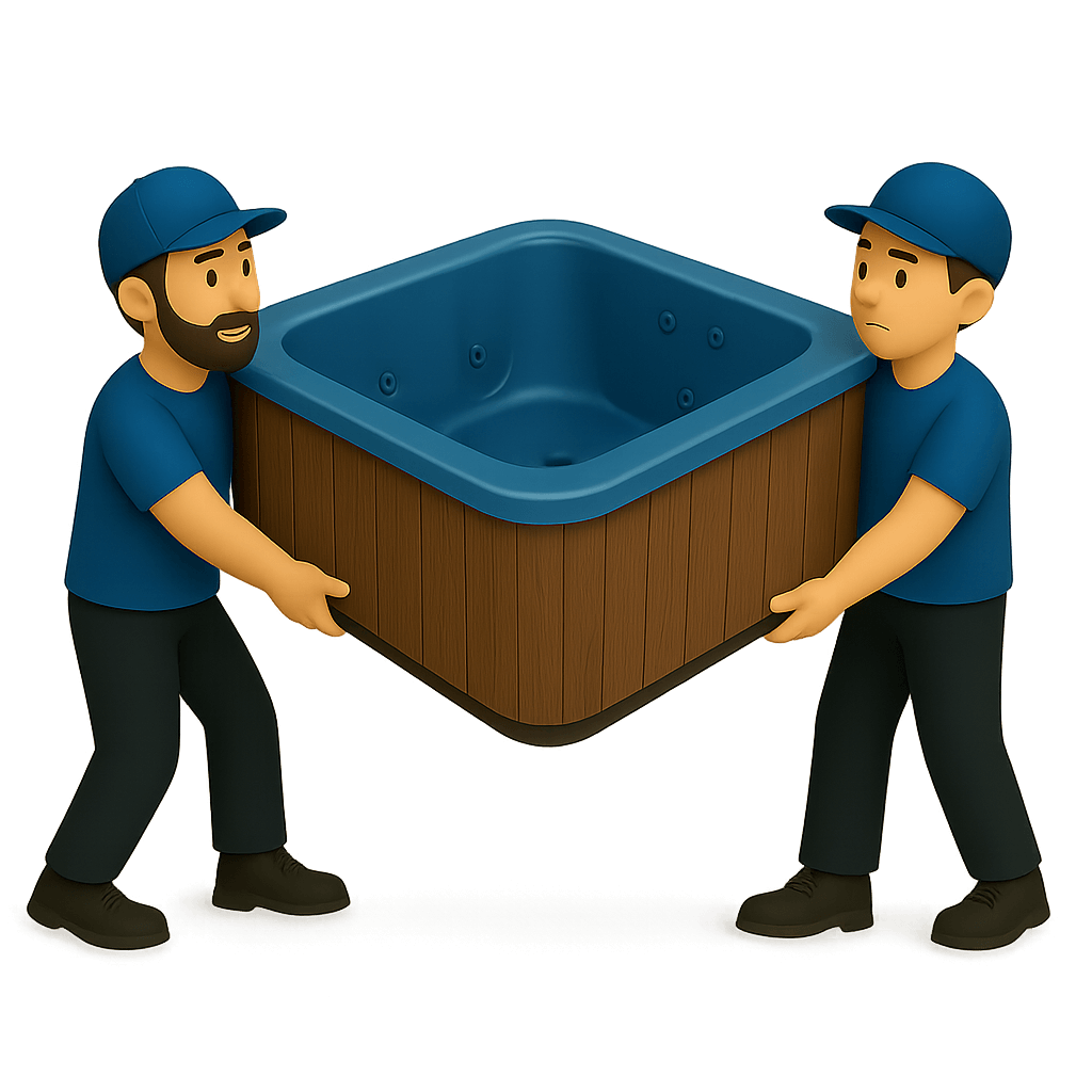 blue hot tub being lifted and removed by two professional junk removal workers in Fort Myers, FL.