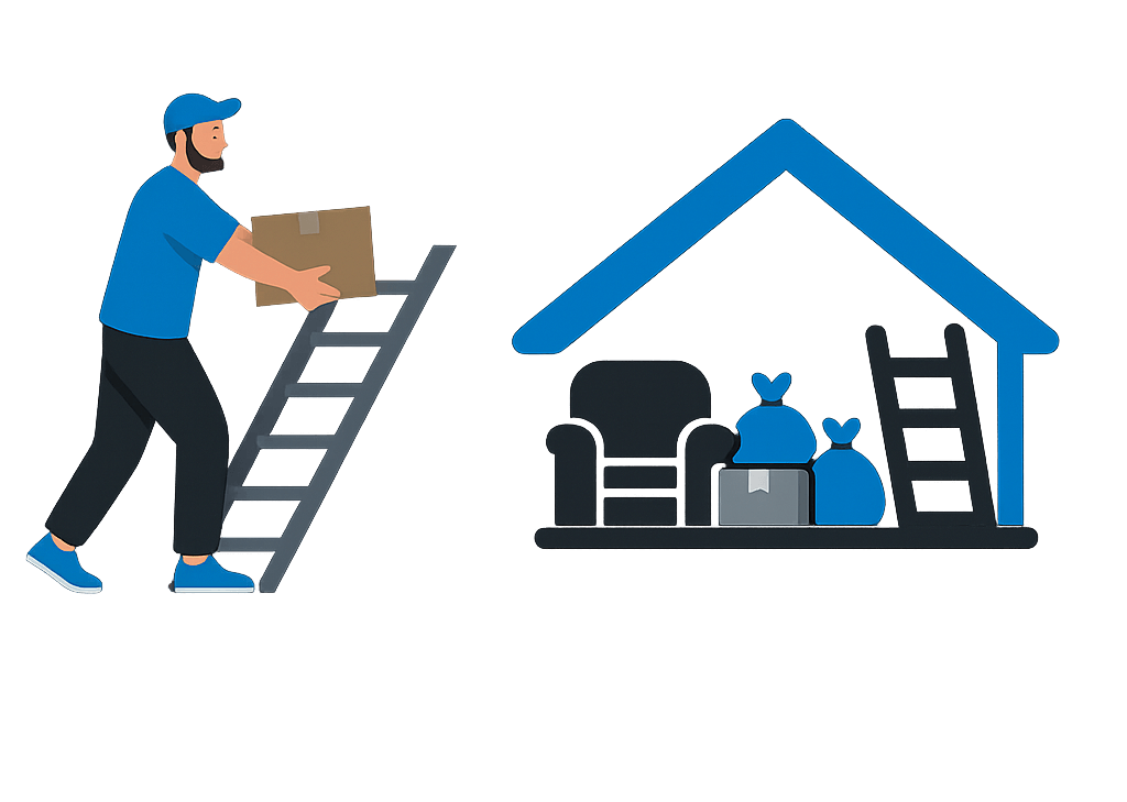 junk removal worker clearing clutter from an attic, with boxes, bags, and old furniture being organized and removed.