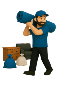 junk removal worker rolling up an old carpet for disposal with blue trash bags, on a transparent background.