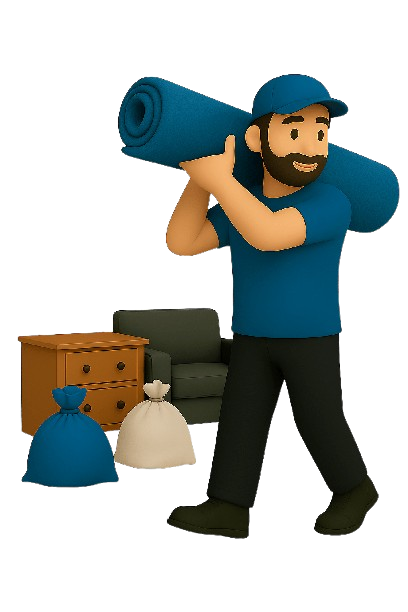 junk removal worker rolling up an old carpet for disposal with blue trash bags, on a transparent background.