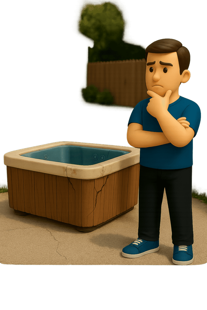 man in a blue shirt thinking next to an old, worn-out hot tub, symbolizing the need for hot tub removal.