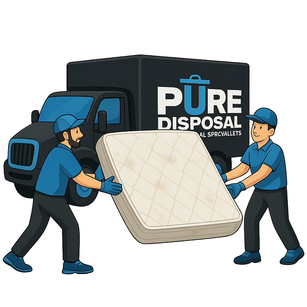 man standing beside an old mattress, looking thoughtful about disposal, with junk removal workers in the background symbolizing mattress removal.