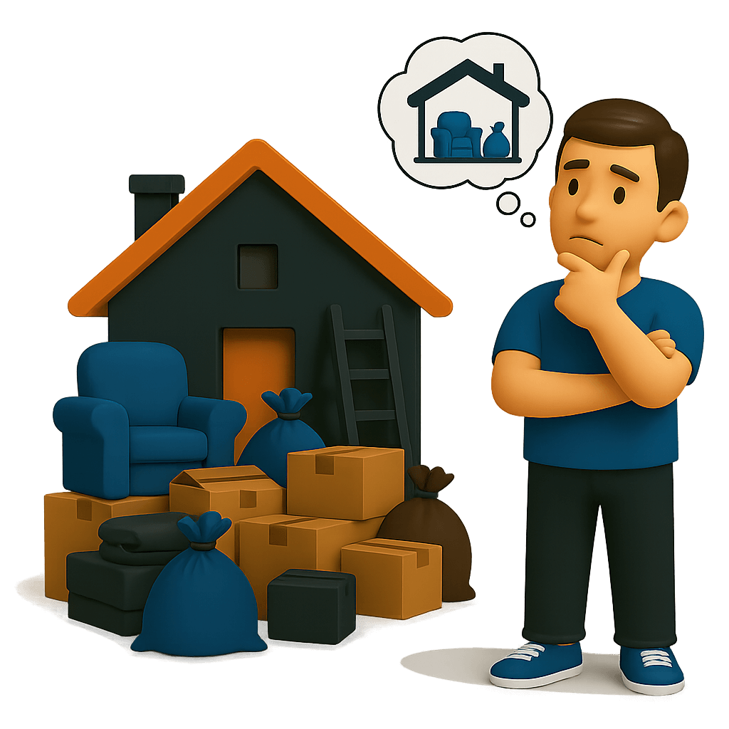 man thinking about property junk and clutter, surrounded by discarded furniture, boxes, and bags.