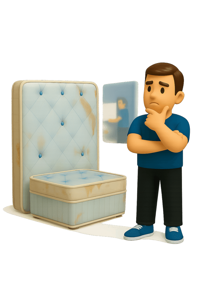 man thinking beside old, stained mattresses, symbolizing mattress disposal, on a transparent background.