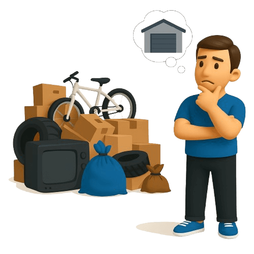 man thinking with cluttered garage junk including bicycle, tires, boxes, and bags, no text on image.