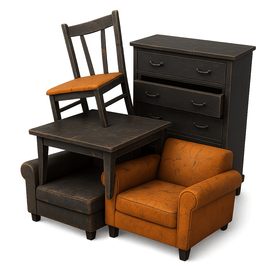 old, worn-out furniture including a scratched sofa, broken chair, cracked table, and damaged dresser stacked together, symbolizing junk removal.
