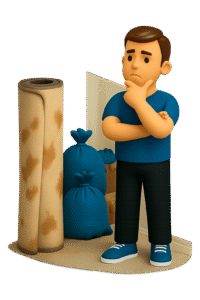 thoughtful man standing beside a rolled-up old carpet, representing the question of why old carpet should be removed.