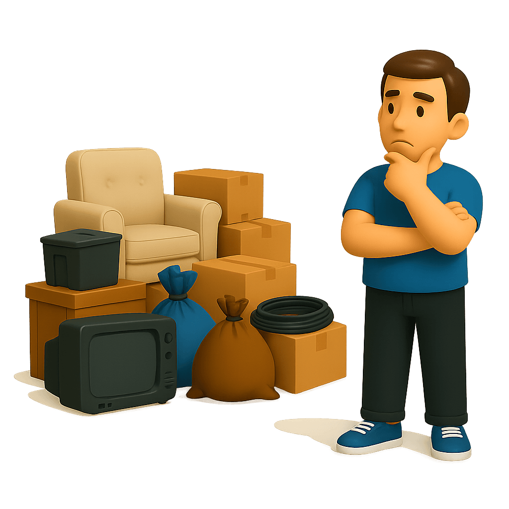 thoughtful man standing next to a pile of household items, including furniture, bags, and boxes, representing the struggle of removing clutter.