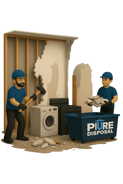 Construction workers removing walls and debris during interior demolition