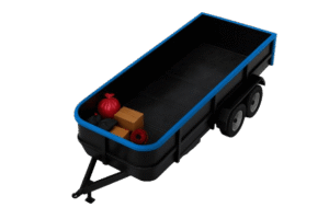 Empty black and blue junk removal trailer side view