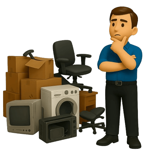 Man beside broken office furniture and debris for commercial junk removal