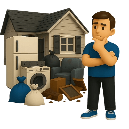 Man beside piles of residential junk and furniture for removal