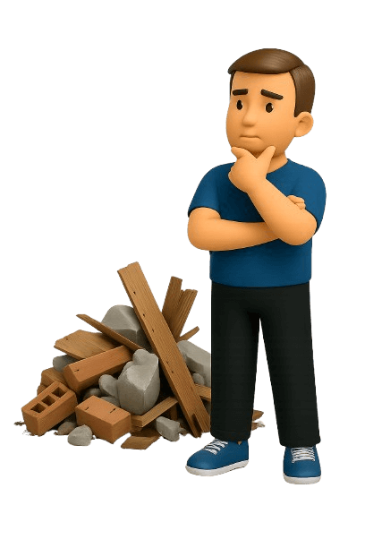 Man in blue shirt thinking beside construction debris pile