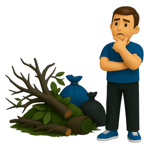 Man in blue shirt thinking beside yard waste and trash bags