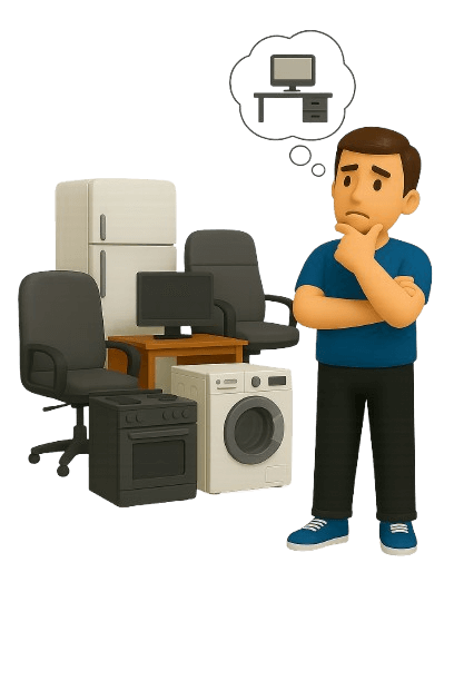 Man in blue shirt with old office furniture on transparent background