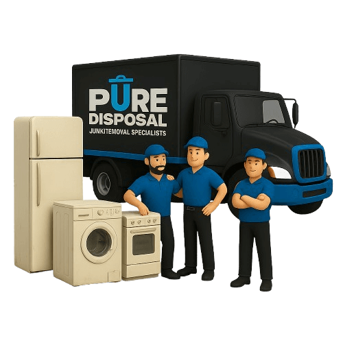 Pure Disposal junk removal truck with old appliances on transparent background