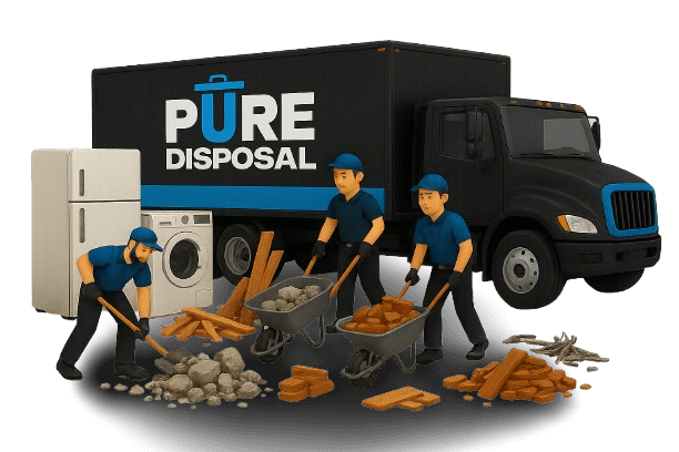 Pure Disposal junk removal truck with workers loading construction debris