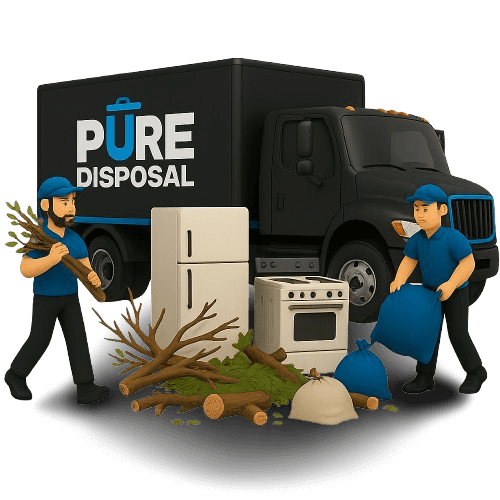 Pure Disposal workers loading yard waste into junk removal truck on transparent background