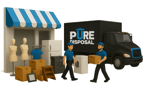 Pure Disposal workers removing retail fixtures and debris in Fort Myers