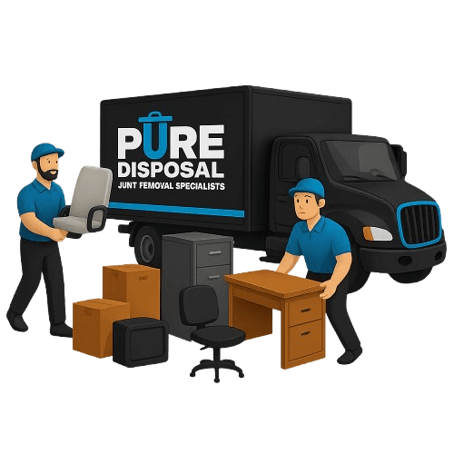 Workers loading office furniture into a Pure Disposal truck during a cleanout.