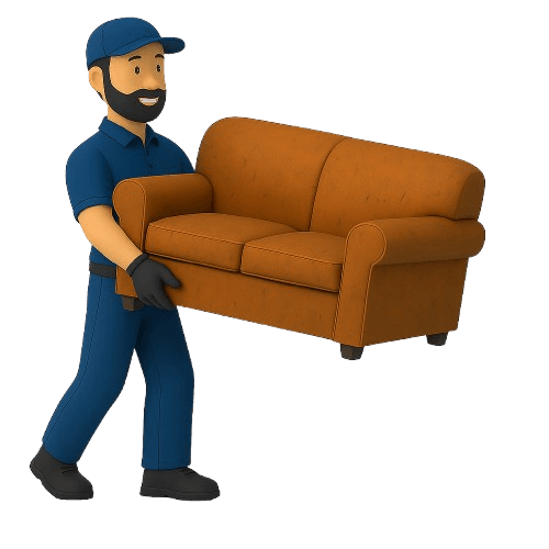 Junk removal worker in blue uniform carrying an old brown couch for disposal and recycling