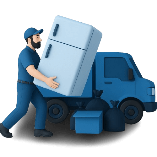 Junk removal worker in blue uniform lifting an old refrigerator onto a blue disposal truck for recycling by Pure Disposal