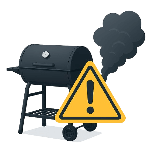 Old black BBQ grill releasing smoke with a yellow warning sign symbolizing safety risks and the importance of proper grill removal and disposal