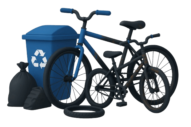 Old rusted bicycles placed beside a blue recycling bin and trash bags, symbolizing eco-friendly bicycle disposal and recycling by Pure Disposal